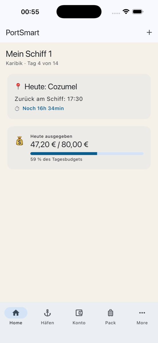 PortSmart Home-Screen: Heute in Cozumel, Zurück am Schiff 17:30, Tagesausgaben 47,20 € von 80 €